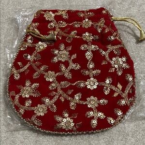 Red Embroidered Velvet Drawstring Bag